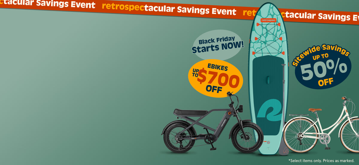 retrospec Black Friday sale, up to $700 off EBikes and up to 50% off sitewide, with Valen Electric Bike, Paddle Board, and Beaumont step through bike.