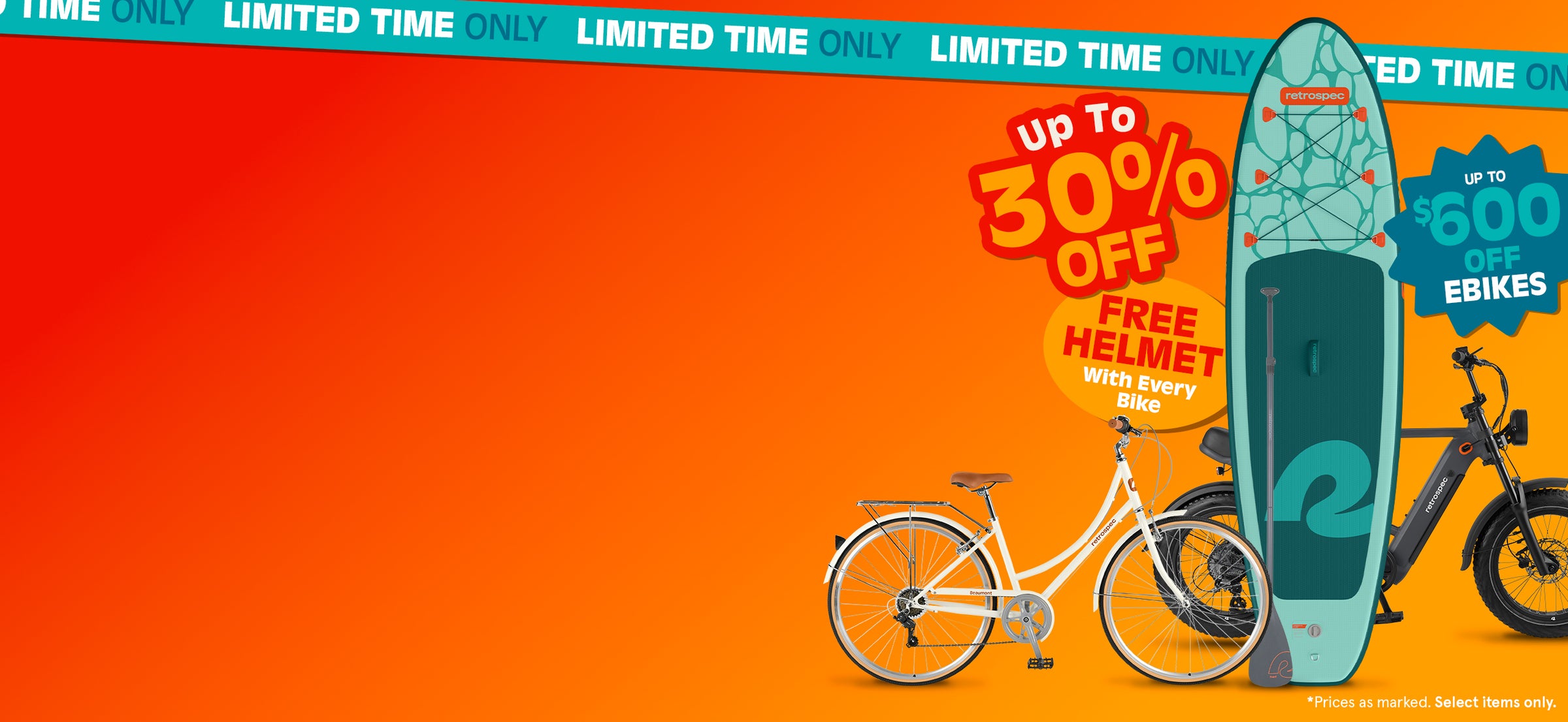 retrospec Beaumont step-through bike, green inflatable Paddle Board, and black Electric Bike on an orange 30% off promo banner.

