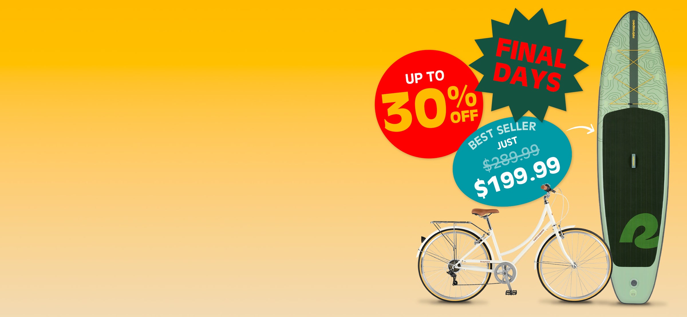 Promotional image featuring a white bicycle and a paddleboard, with discounts up to 30% and prices highlighted. Bright yellow background.