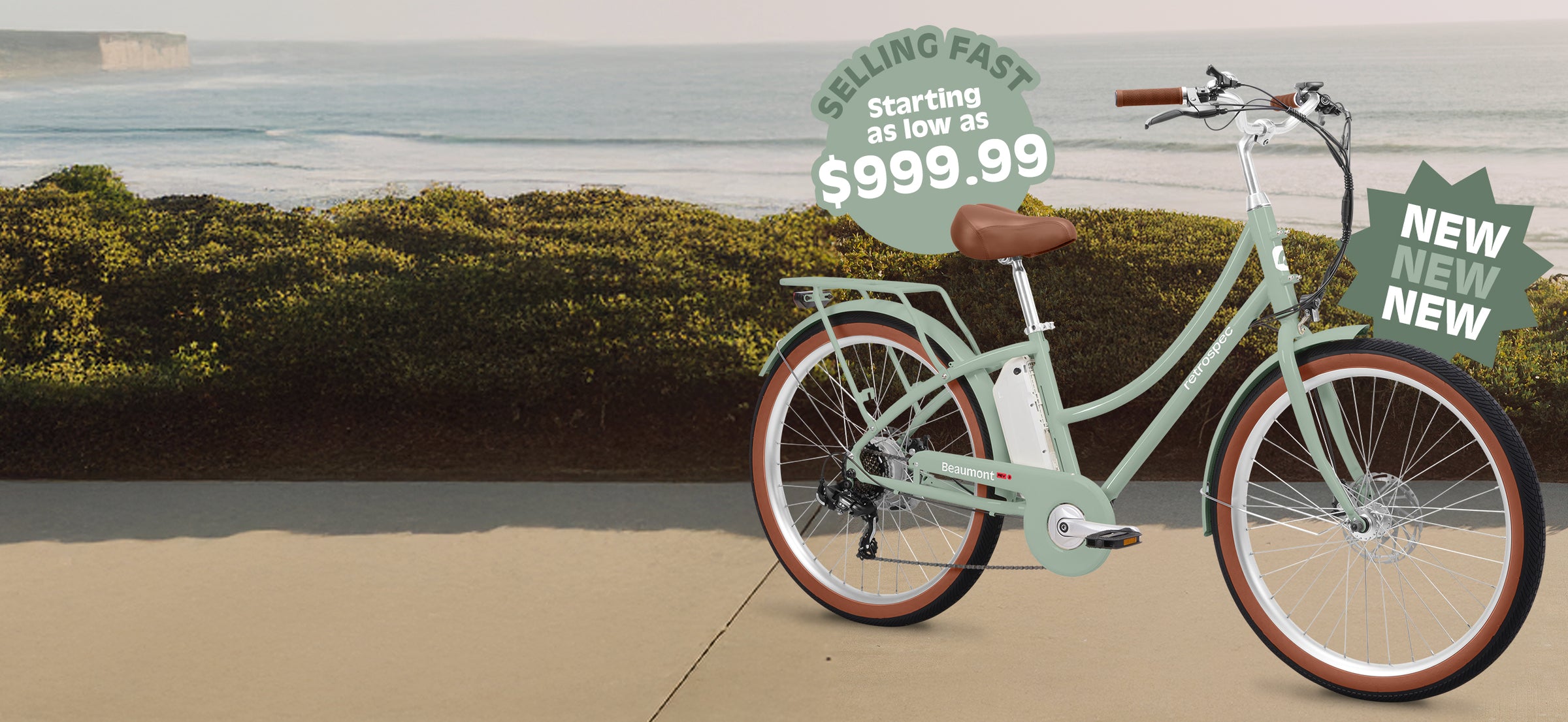 A light green bicycle with brown accents, priced at $999.99, set against a scenic coastal backdrop, featuring promotional text.