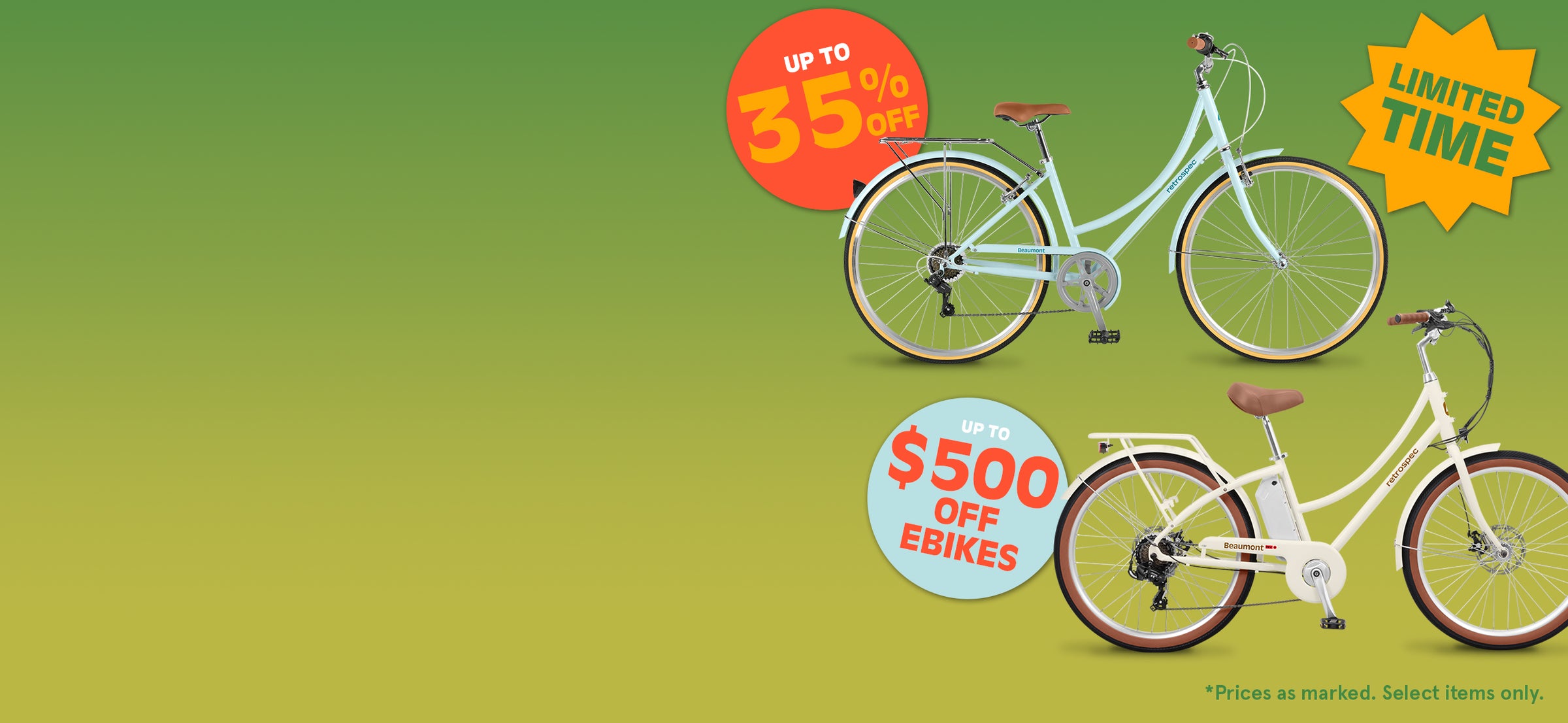Promotional image featuring two bicycles with text: "Up to 35% off" and "Up to $500 off ebikes," set against a green gradient background.