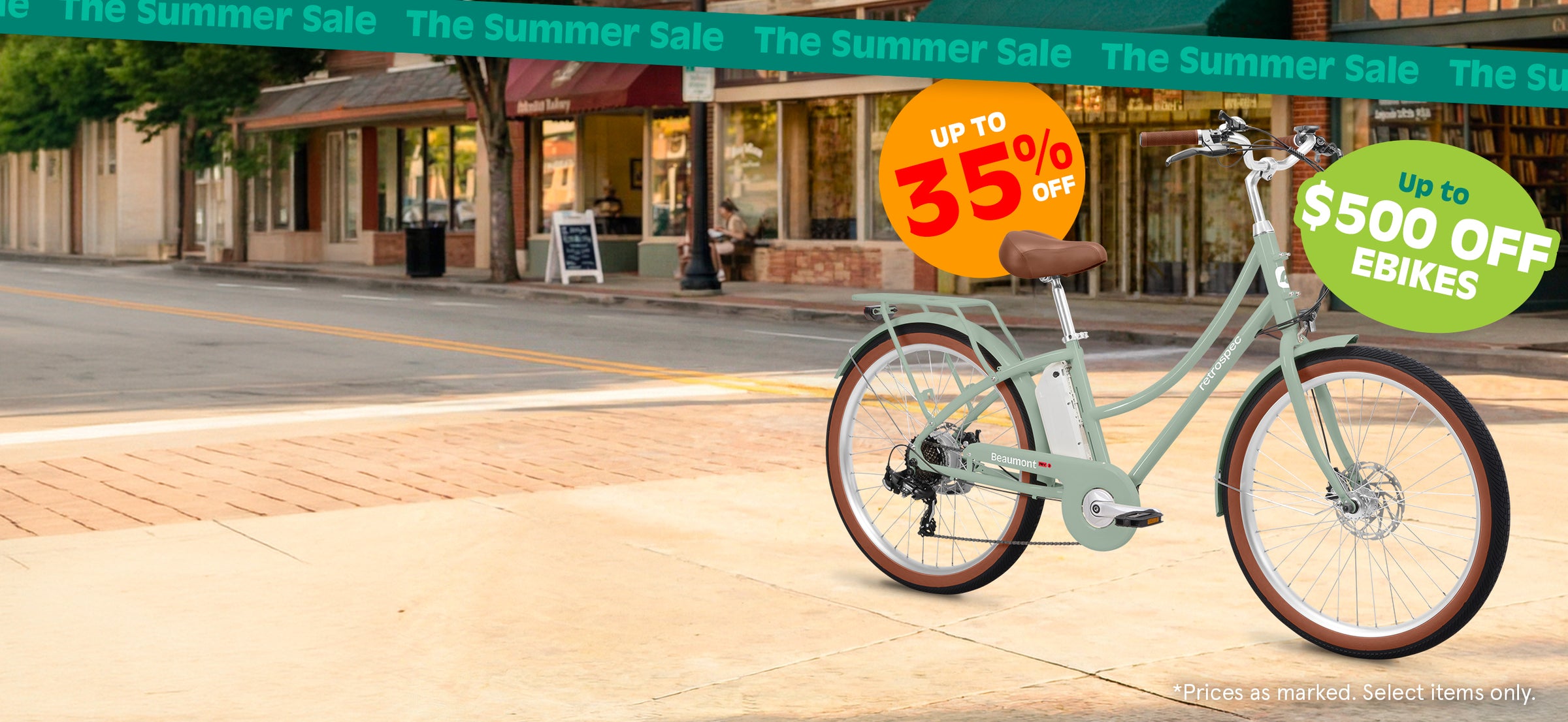 Electric bicycle on city street with summer sale banners offering up to 35% off and $500 off e-bikes.