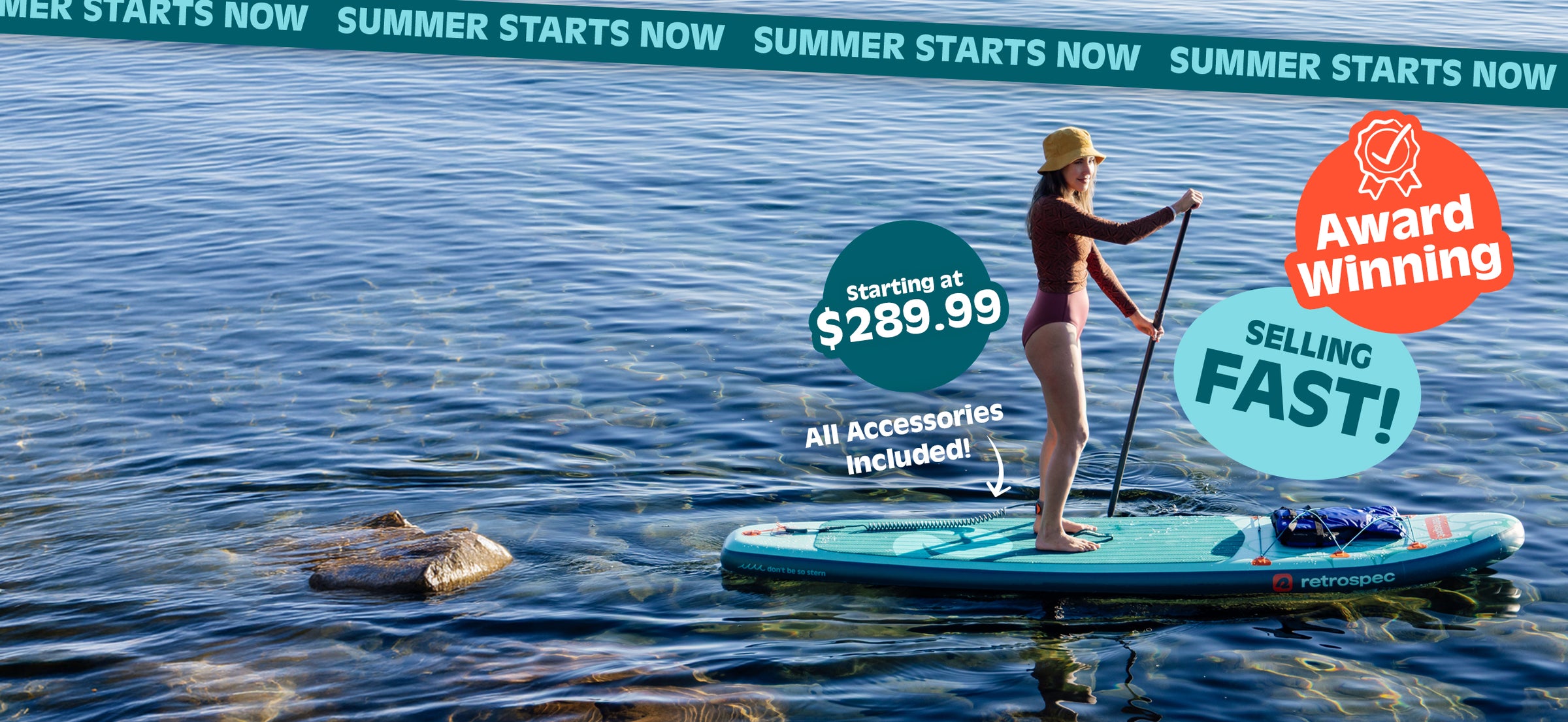 Person paddleboarding on calm water, with promotional text about a $289.99 paddleboard including accessories.