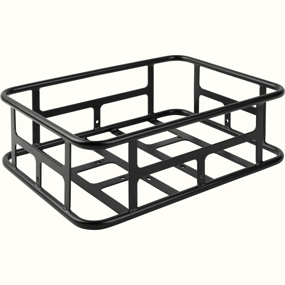 A sturdy black EverythingBin Rear Rack EBike Basket featuring storage with an open design.