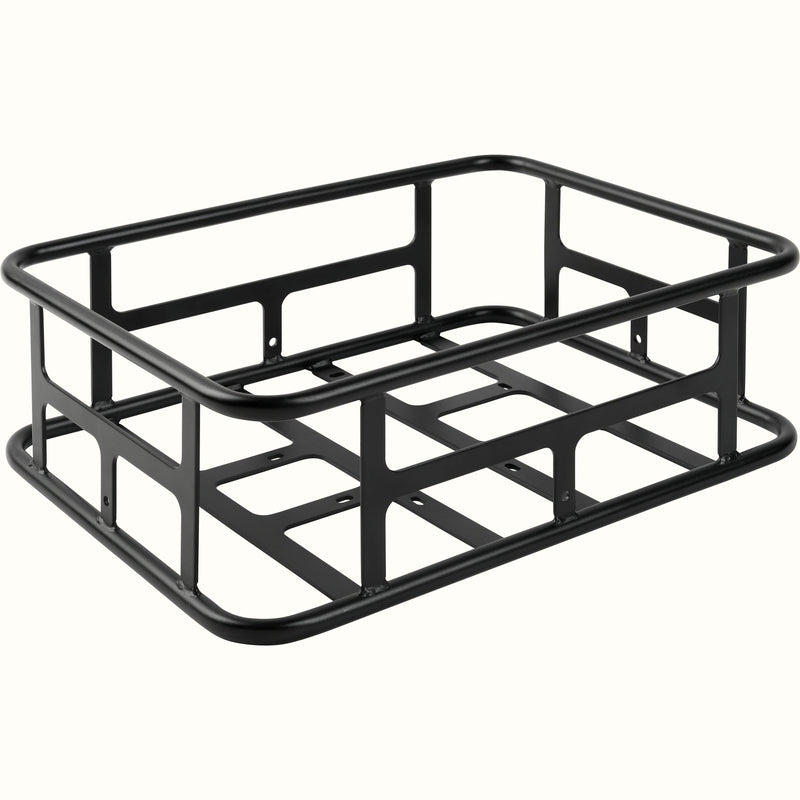 The black metal EverythingBin Rear Rack EBike Basket with an open design and rectangular frame.