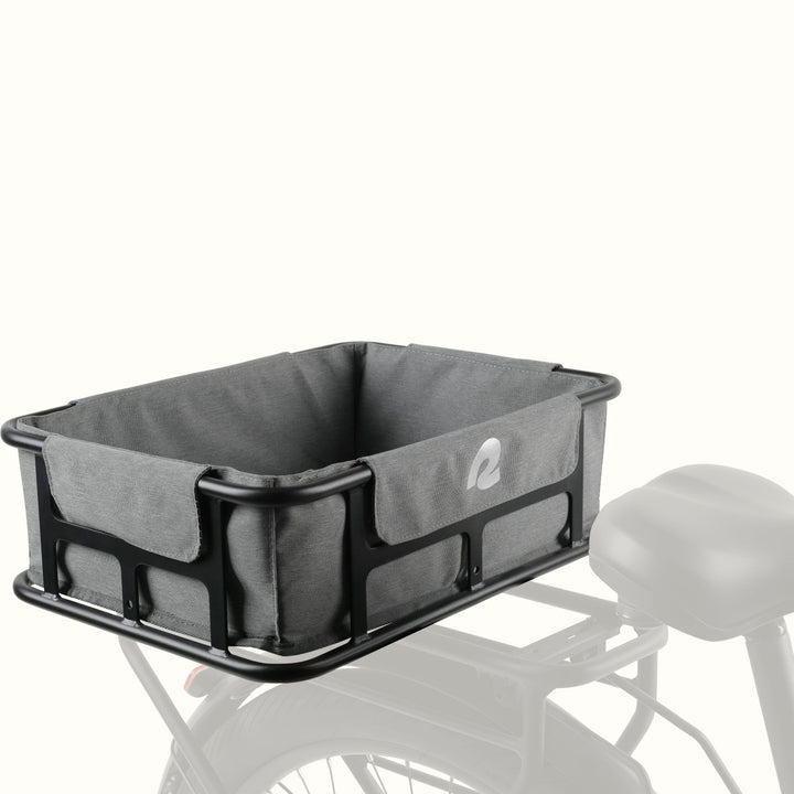 A black metal frame EverythingBin Rear Rack EBike Basket with a gray liner featuring a zippered pocket, with a "retrospec" logo on the front attached to a greyed out ebike.