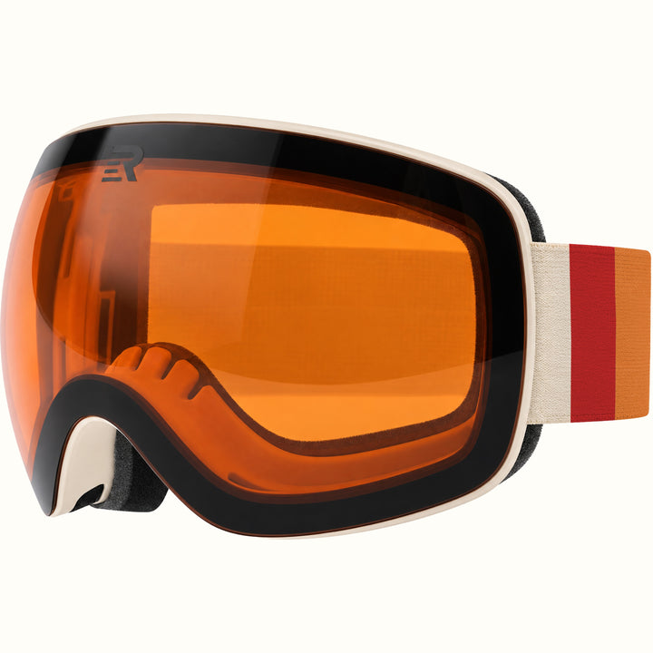 retrospec Traverse Plus snowboard goggles, three-quarter view of the orange lens, cream frame, and red striped strap.