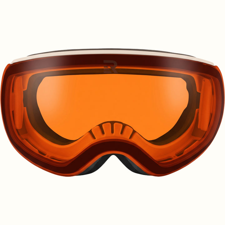 Front view of retrospec Traverse Plus orange lens ski goggles with a wide curved lens and cream frame.