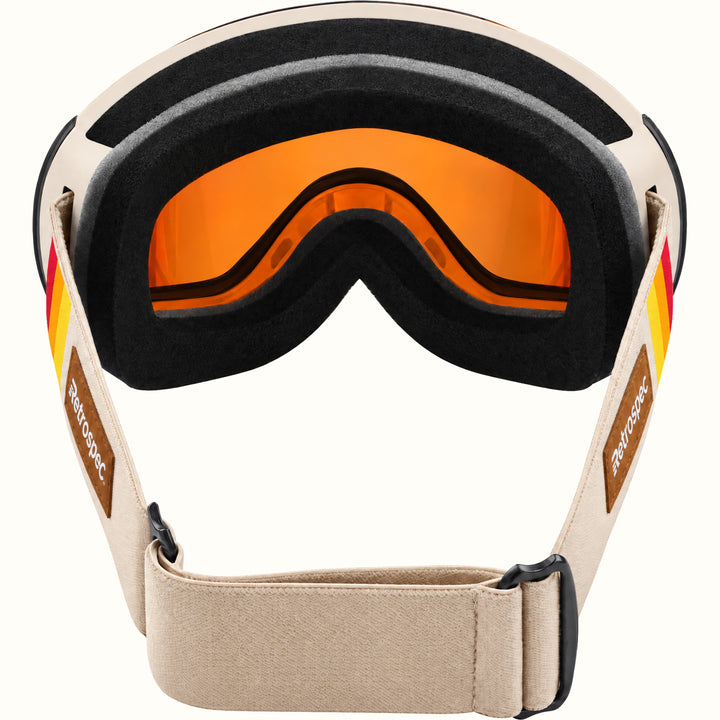 Inside view of retrospec Traverse Plus goggles showing black face foam and the adjustable cream strap with black buckles.