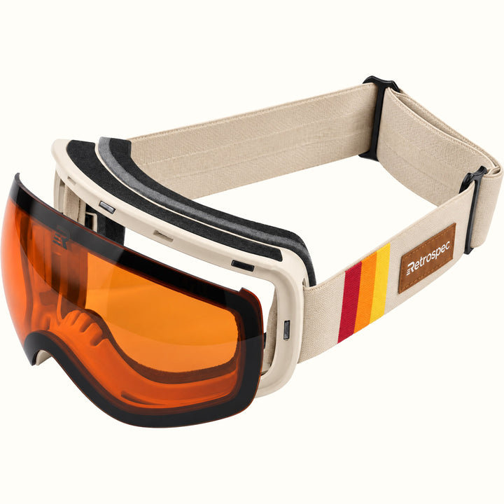retrospec Traverse Plus ski goggles with the orange lens removed from the cream frame, showing black foam padding.