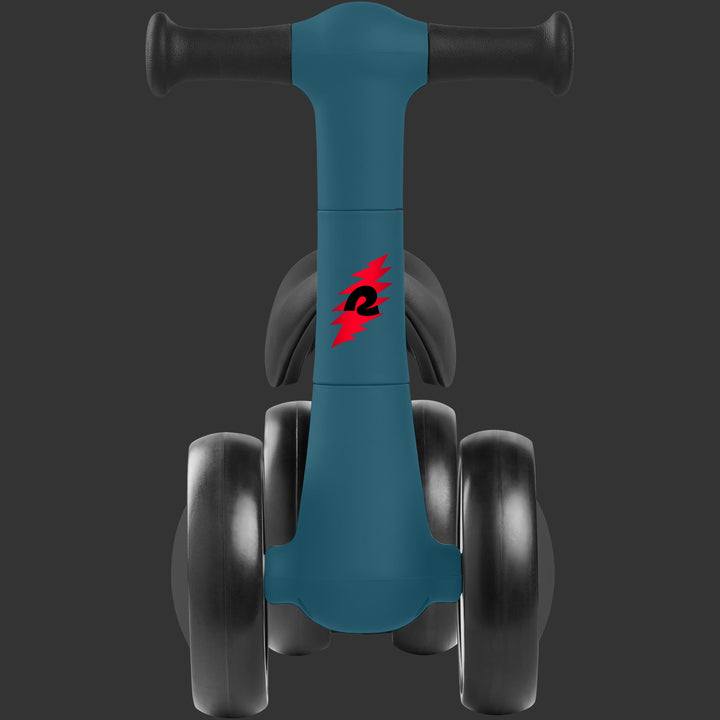 A front view of the blue Grateful Dead Cricket 2 Balance Bike with a sleek design, featuring black wheels and a red lightning bolt logo on the front of the stem.