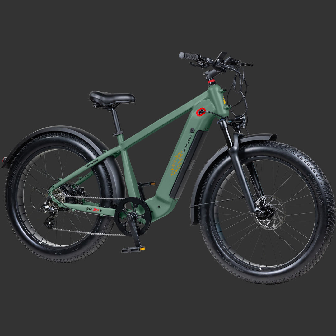 A green Grateful Dead Koa Rev+ 2 Fat Tire Electric Bike with wide tires, a sturdy frame, and a sleek design featuring iconic artwork such as "Steal Your Face" Grateful Dead lightening bolt, ideal for both urban and off-road riding.