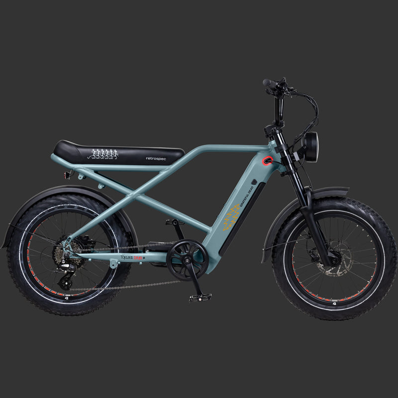 A side profile view of the sleek, teal Grateful Dead Electric Bike with fat tires, a comfortable seat, and featuring iconic Grateful Dead Artwork such as the dancing skeletons and lightening bolts, set against a dark background.