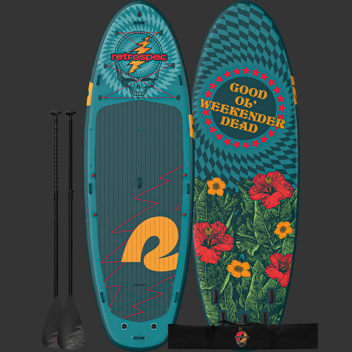 retrospec Good Ol' Weekender Dead sup board showing teal top deck with Grateful Dead skull graphic and floral bottom design, with adjustable paddle.