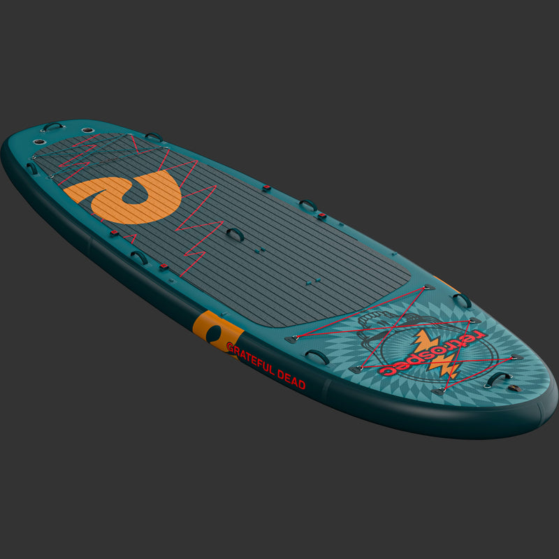 The Grateful Dead Weekender Crew XL Multi-Person Inflatable Stand Up Paddle Board 15’ with a "Steal Your Face" icon and large orange "retrospec" logo on a textured surface for grip.