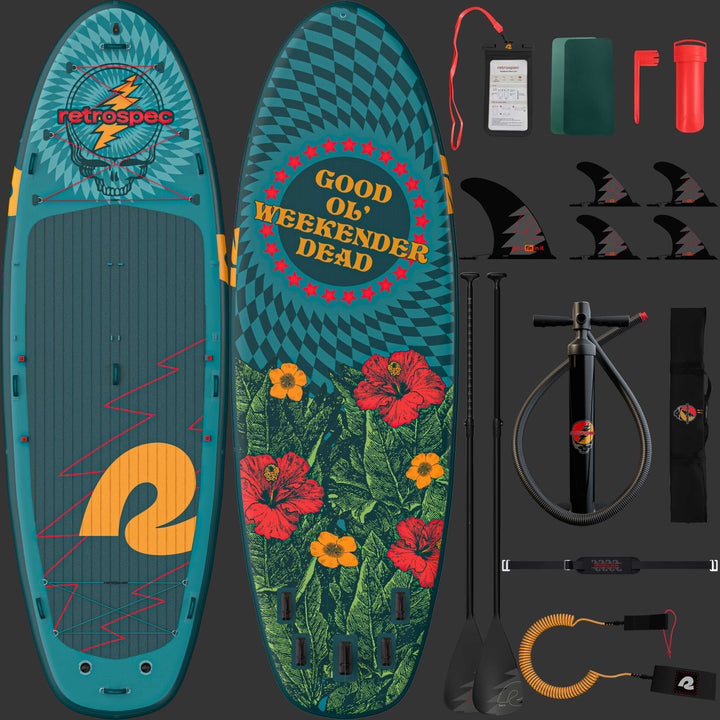 A front and rear view of the Grateful Dead Weekender Crew XL Multi-Person Inflatable Stand Up Paddle Board 15’ with "Good Ol' Weekender Dead," a "Steal Your Face" icon and flower designs, accompanied by two paddles and a black carrying bag with the "Steal Your Face" artwork and "retrospec" branding, along with the included accessories such as, cell phone case, patches, repair kit, fins, paddles, floor pump, leash, and carry strap.