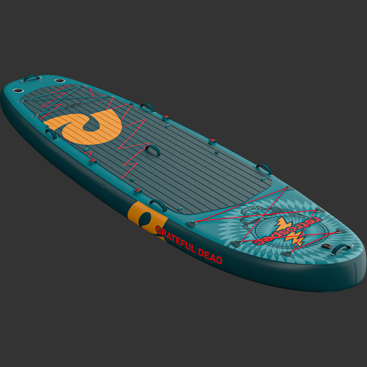 The Grateful Dead Weekender Crew Multi-Person Inflatable Stand Up Paddle Board with a "Steal Your Face" icon and large orange "retrospec" logo on a textured surface for grip.