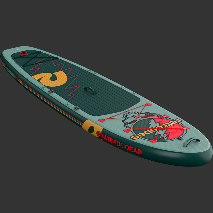 The Grateful Dead Weekender Plus Inflatable Paddle Board featuring the iconic "Steal Your Face" or "SYF" design,  a large yellow "retrospec" logo, and red lightening bolt on the textured surface for grip.