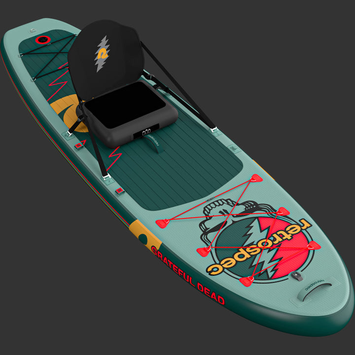 The Grateful Dead Weekender Plus Inflatable Paddle Board featuring the iconic "Steal Your Face" or "SYF" design, and a removable inflatable kayak seat, set against a dark background.