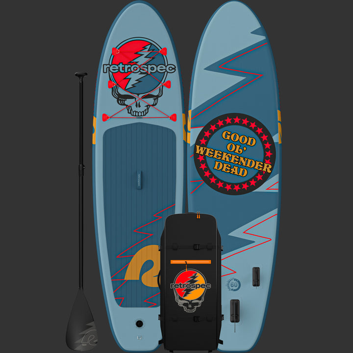 A front and rear view of the vibrant blue Grateful Dead Weekender Inflatable Paddle Board featuring the iconic Grateful Dead "Steal Your Face" artwork and "Good Ol' Weekender Dead" text, accompanied by a paddle and backpack, set against a dark background.