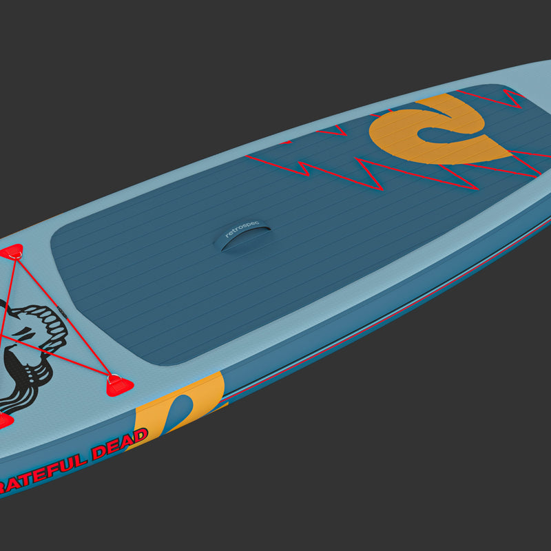 A vibrant blue Grateful Dead Weekender Inflatable Paddle Board featuring iconic Grateful Dead artwork, including "Steal Your Face", a lightning bolt and a large "retrospec" logo, with a textured surface for grip, set against a dark background.