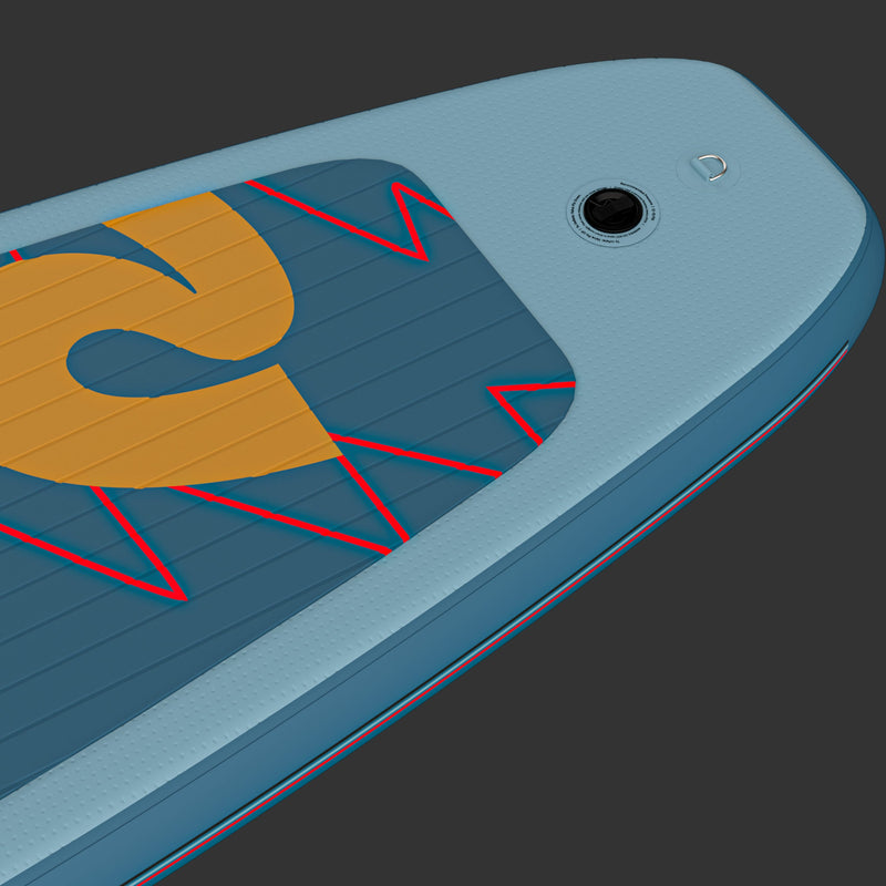 Close-up of the blue Grateful Dead Weekender Inflatable Paddle Board featuring a large yellow "retrospec" logo and red zigzag patterns on a textured surface.