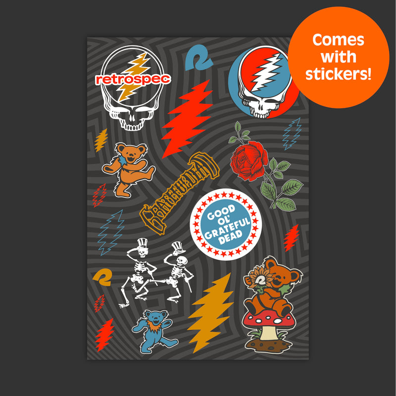 Colorful Grateful Dead-themed stickers featuring bears, skulls, roses, and slogans on a black patterned background.