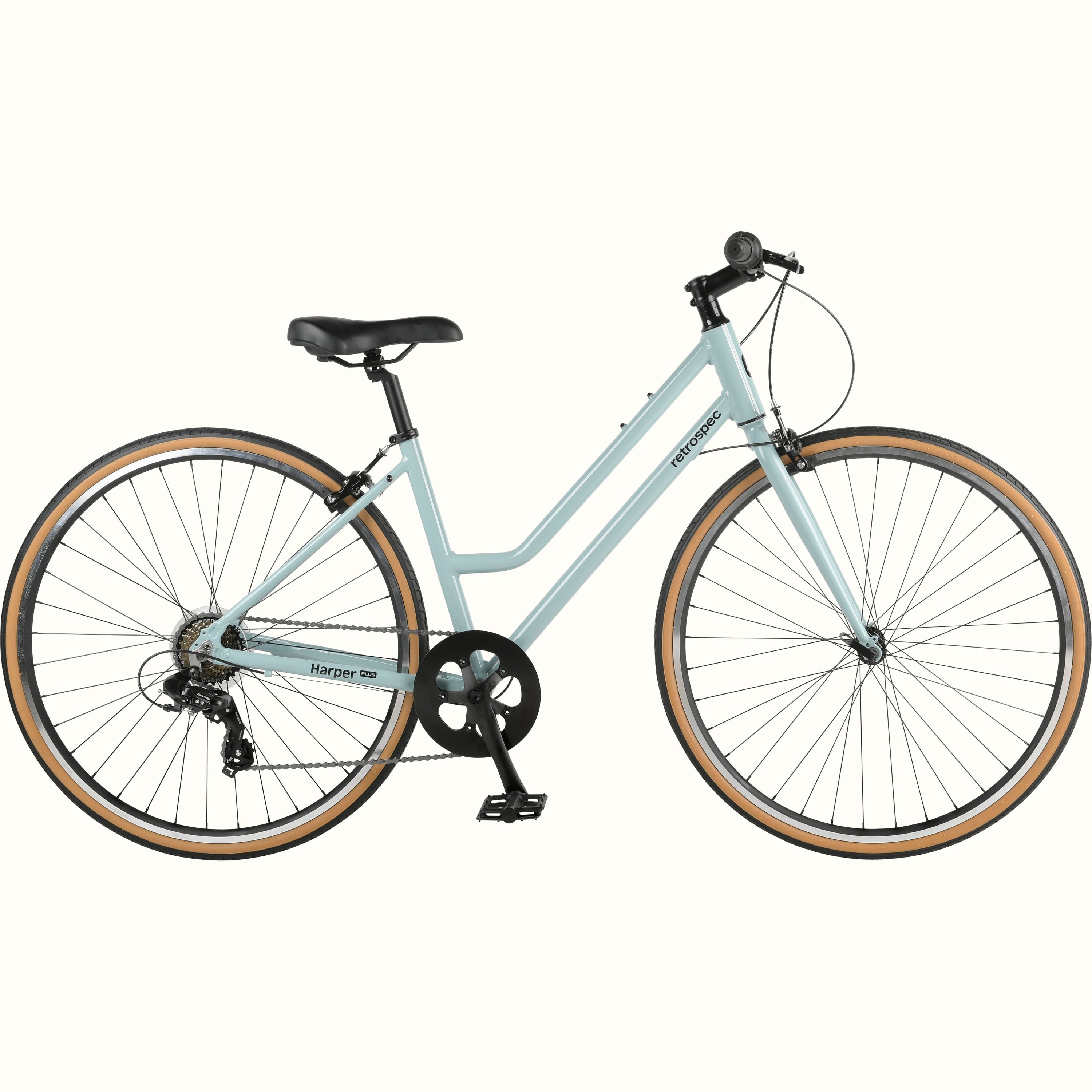 A light blue retrospec Harper Plus 7-Speed Step Through city bicycle with a black seat and handlebars.