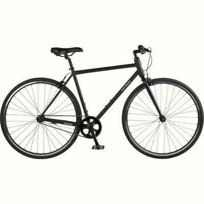 Black single-speed fixie bicycle with a straight top tube with retrospec branding.