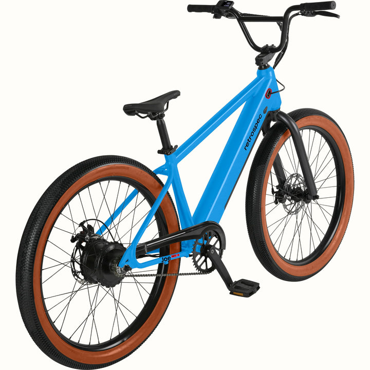Blue Joe Rev 2 BMX electric bicycle with brown tires on a white background.