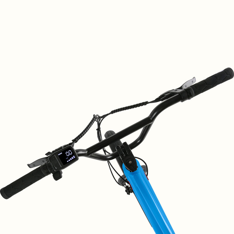 Close-up of the blue Joe Rev 2 BMX Electric Bike's handlebar with digital display on a white background.