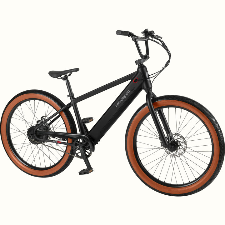 Black Joe Rev 2 BMX electric bicycle with brown tires on a white background.