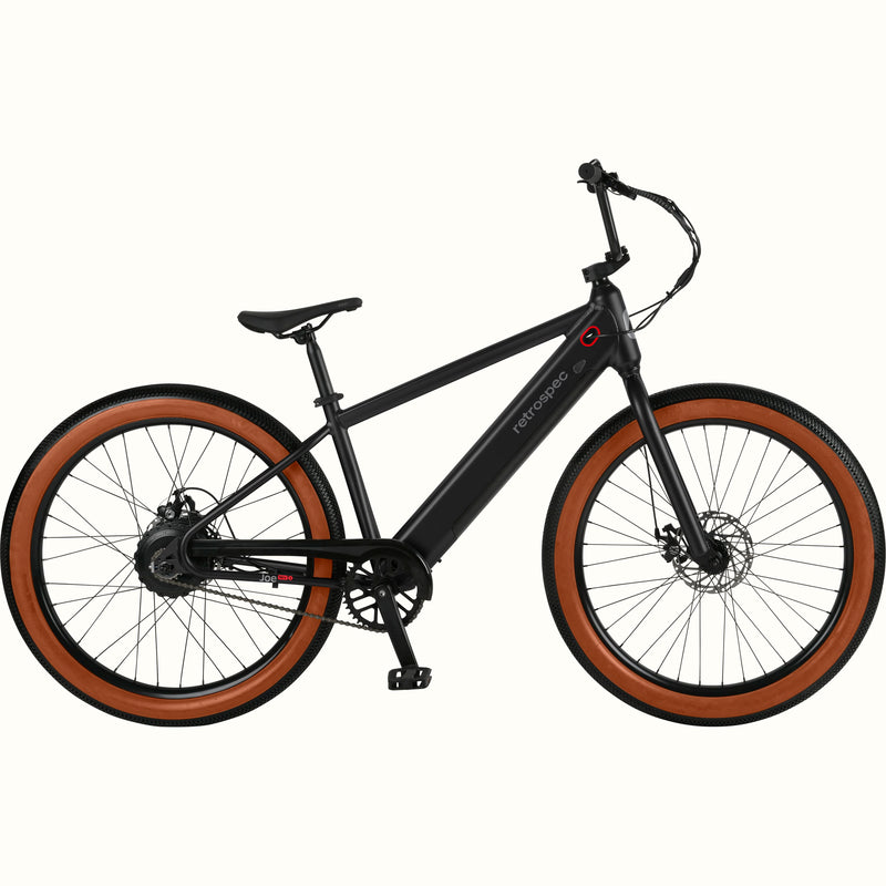 Black Joe Rev 2 BMX electric bicycle with brown tires on a white background.