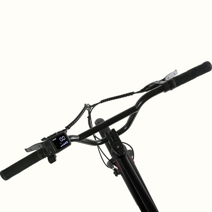 Close-up of the black Joe Rev 2 BMX Electric Bike's handlebar with digital display on a white background.