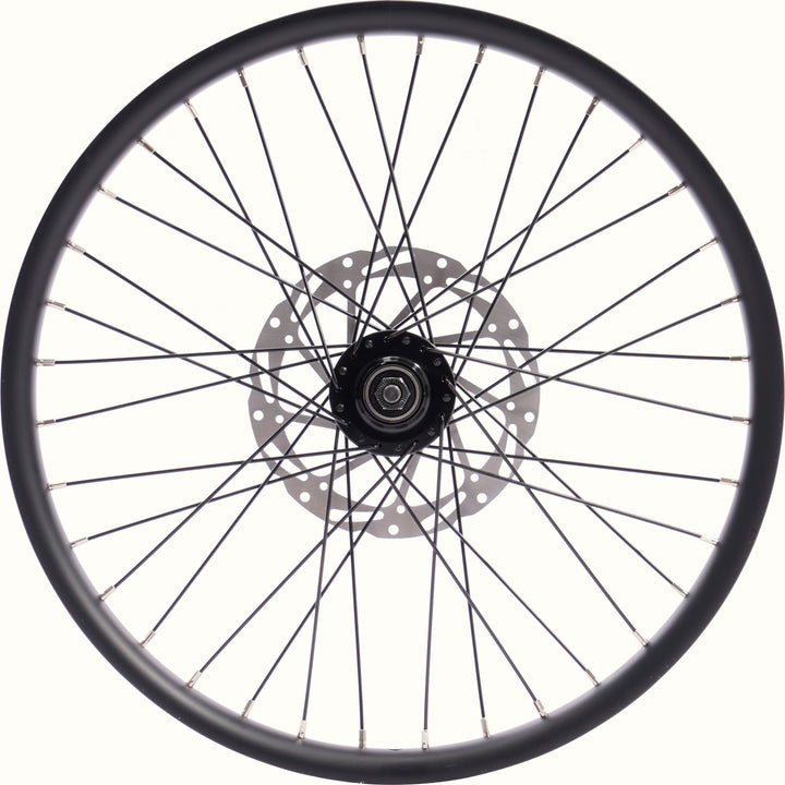Bicycle wheel with black rim and hub on a white background.