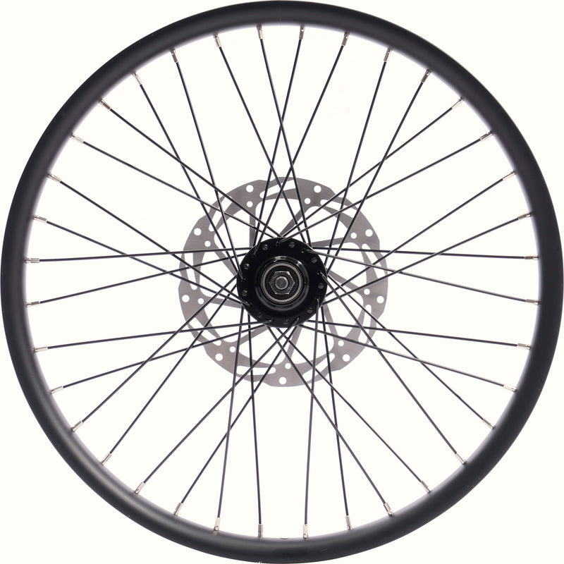 Bicycle wheel with black rim and hub on a white background.