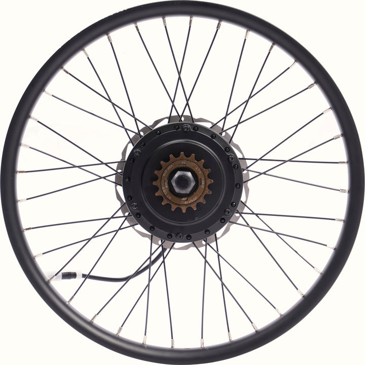 Bicycle wheel with gear on a white background.