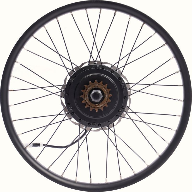 Bicycle wheel with gear on a white background.