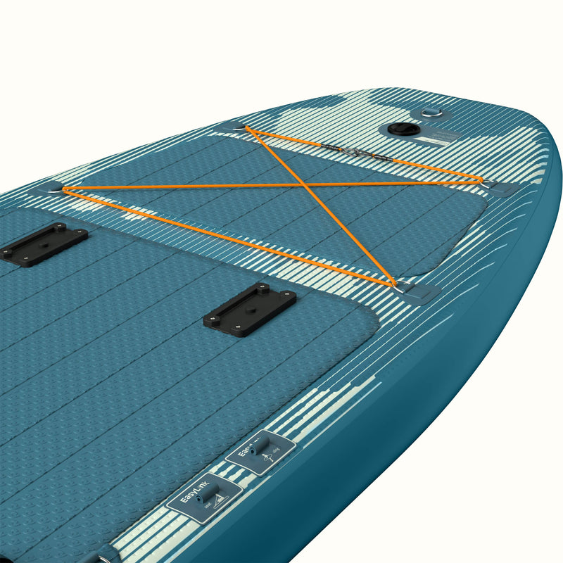 Close-up of the tail of the retrospec June Inflatable Fishing Paddle Board Kayak Hybrid 11’6” in River Rock Blue, showing the orange bungee cargo lacing, EasyLink accessory mounting system, fishing rod mounts, and textured deck pad with stripe graphic detailing.