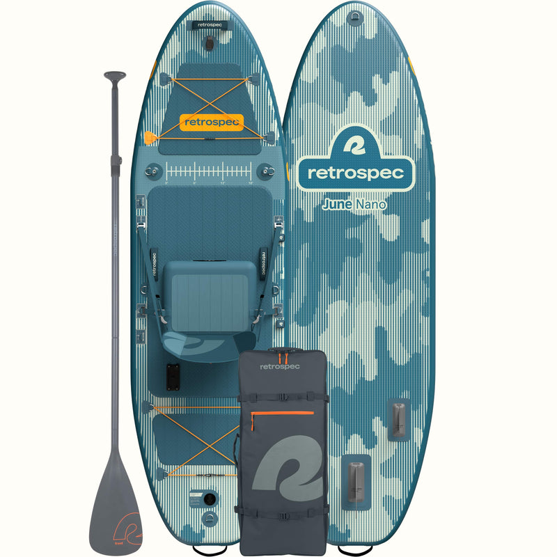 An aerial view of the front and rear of a blue and white camo June Nano Kids’ Inflatable Fishing Paddle Board/Kayak Hybrid 9'6", with a seat, paddle, and backpack, all branded with the retrospec logo.