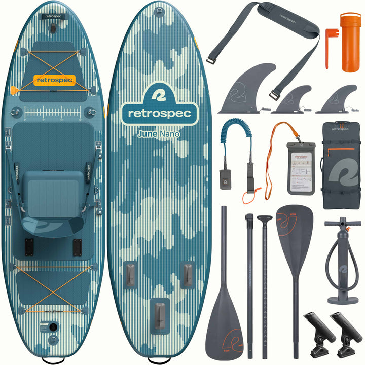 Image of the top and bottom of the blue and white camo June Nano Kids’ Inflatable Fishing Paddle Board/Kayak Hybrid 9'6" with accessories: convertible paddle, fins, pump, carry strap, backpack, fishing rod holders, and carry bag.
