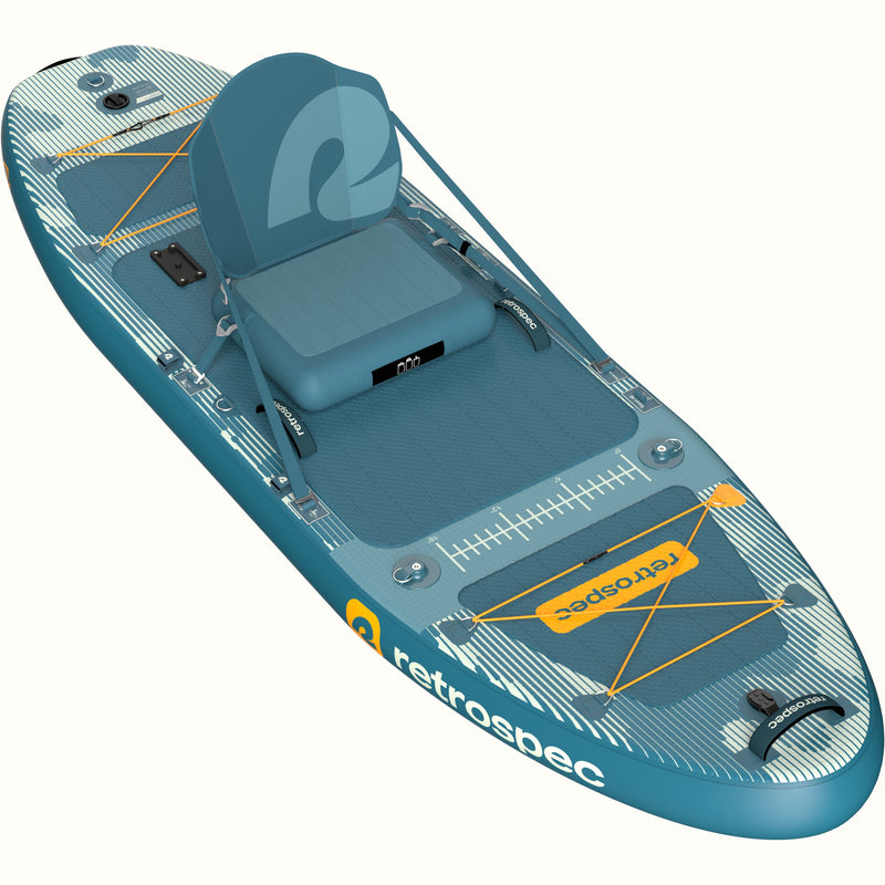 A blue and white camo June Nano Kids’ Inflatable Fishing Paddle Board/Kayak Hybrid with a removable seat, storage straps, and measurement guide, designed for fishing.