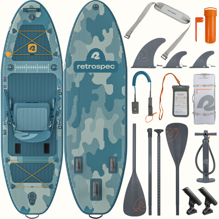 Image of the top and bottom of the blue and white camo June Nano Kids’ Inflatable Fishing Paddle Board/Kayak Hybrid 9'6" with accessories: convertible paddle, fins, pump, carry strap, backpack, fishing rod holders, and carry bag.