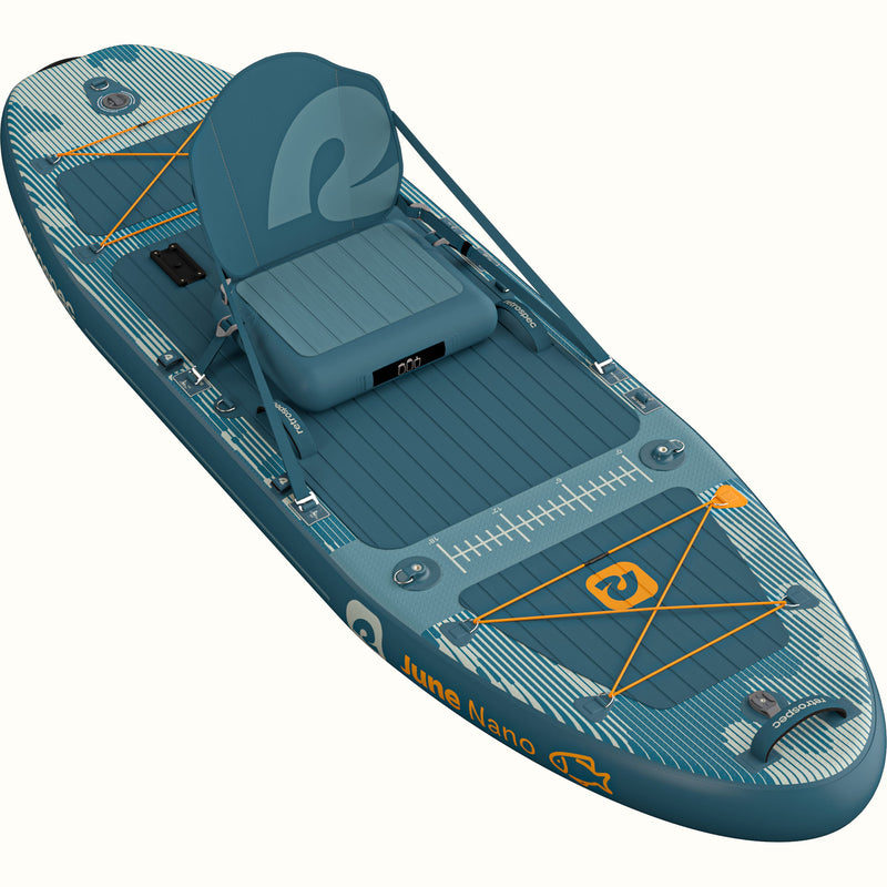 A blue and white camo June Nano Kids’ Inflatable Fishing Paddle Board/Kayak Hybrid with a removable seat, storage straps, and measurement guide, designed for fishing.