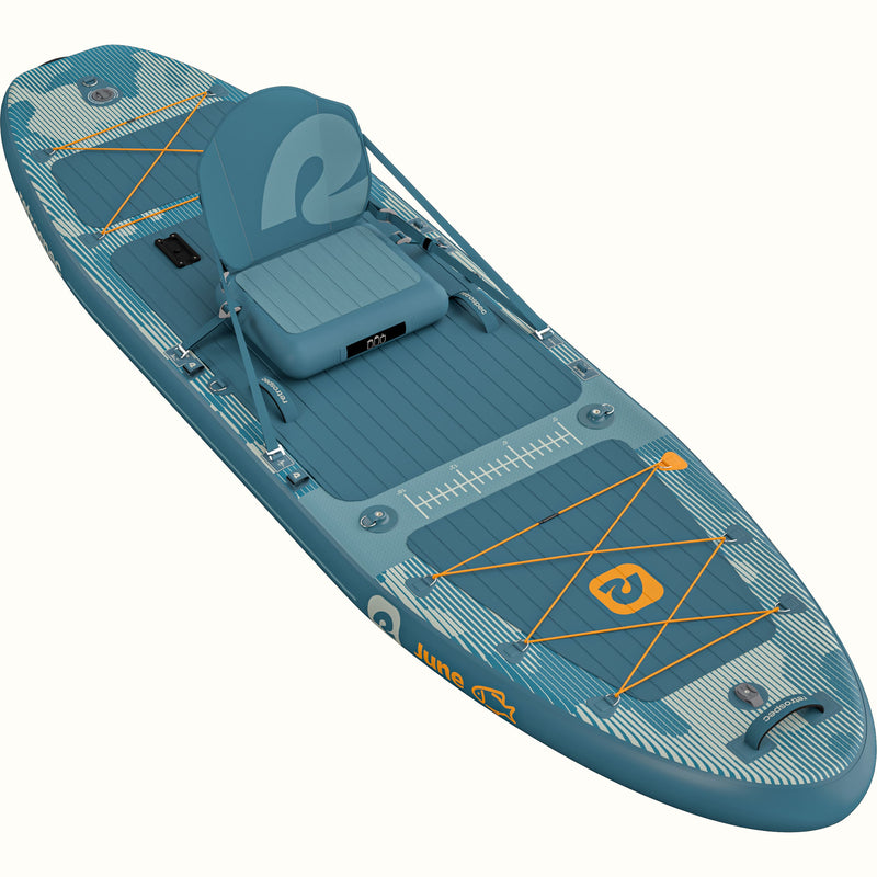 A blue inflatable stand-up paddleboard kayak hybrid shown with kayak seat and bungee storage.