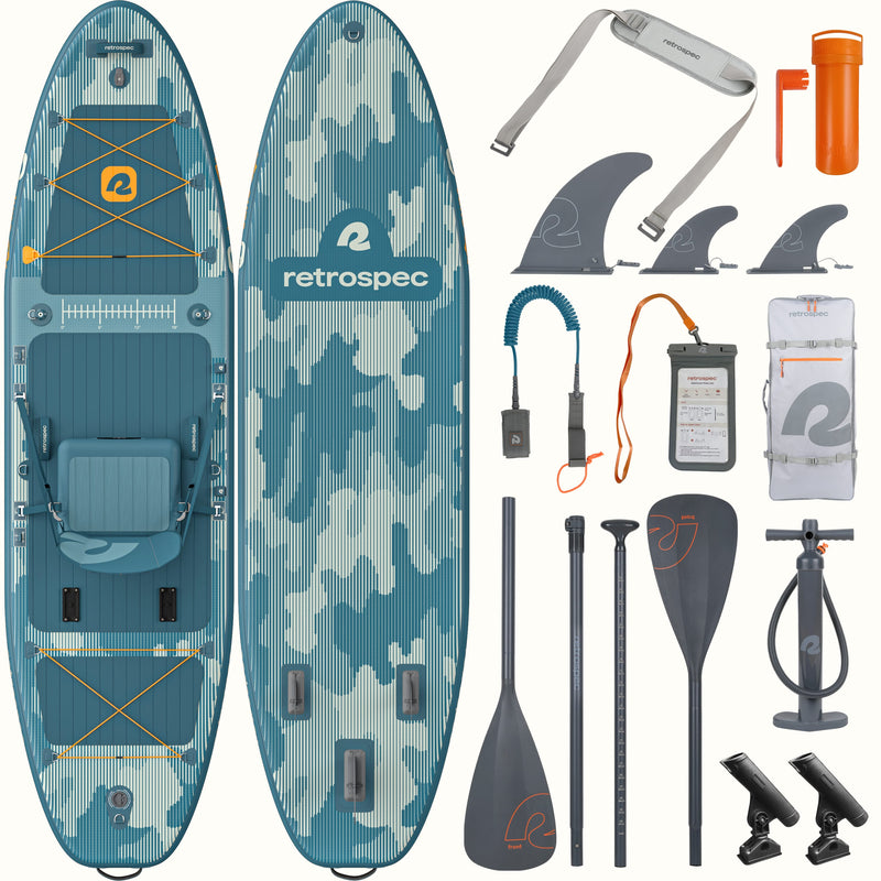 Front and rear of the June Fishing Inflatable Paddleboard Hybrid shown with included accessories: fins, paddle, pump, coiled leash, waterproof phone case with neck strap, backpack, shoulder carry strap, fishing rod holders, and valve wrench.