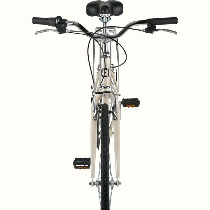 Front view of a white Vintage-style Kinney Mixte City Bike - 7 Speed with black saddle and hand grips on a white background.
