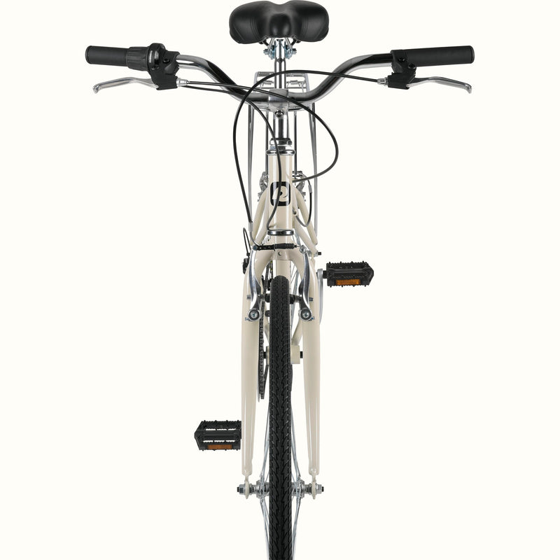 Front view of a white Vintage-style Kinney Mixte City Bike - 7 Speed with black saddle and hand grips on a white background.