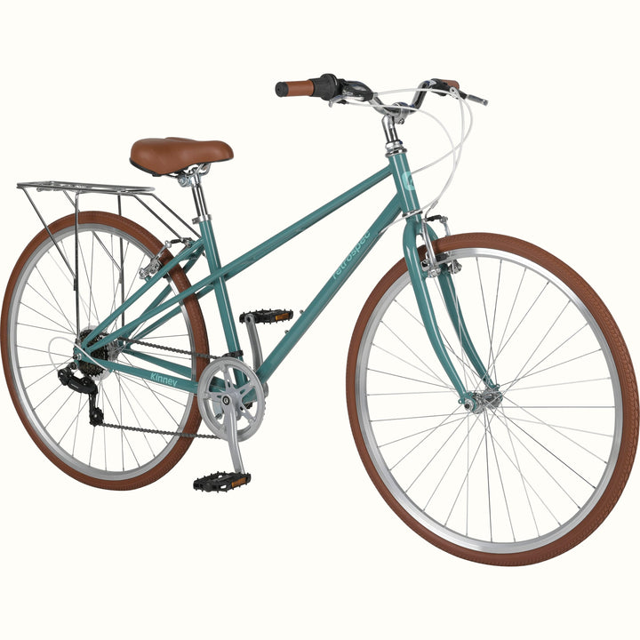 Teal Kinney Mixte City Bike - 7 Speed with brown wheels and seat on a white background.
