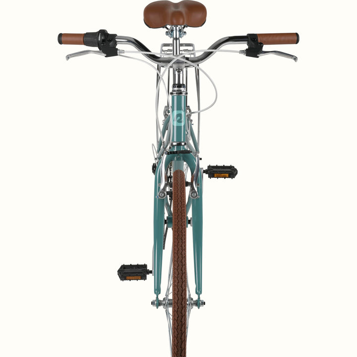 Front view of a Vintage-style Kinney Mixte City Bike - 7 Speed with brown saddle and hand grips on a white background.
